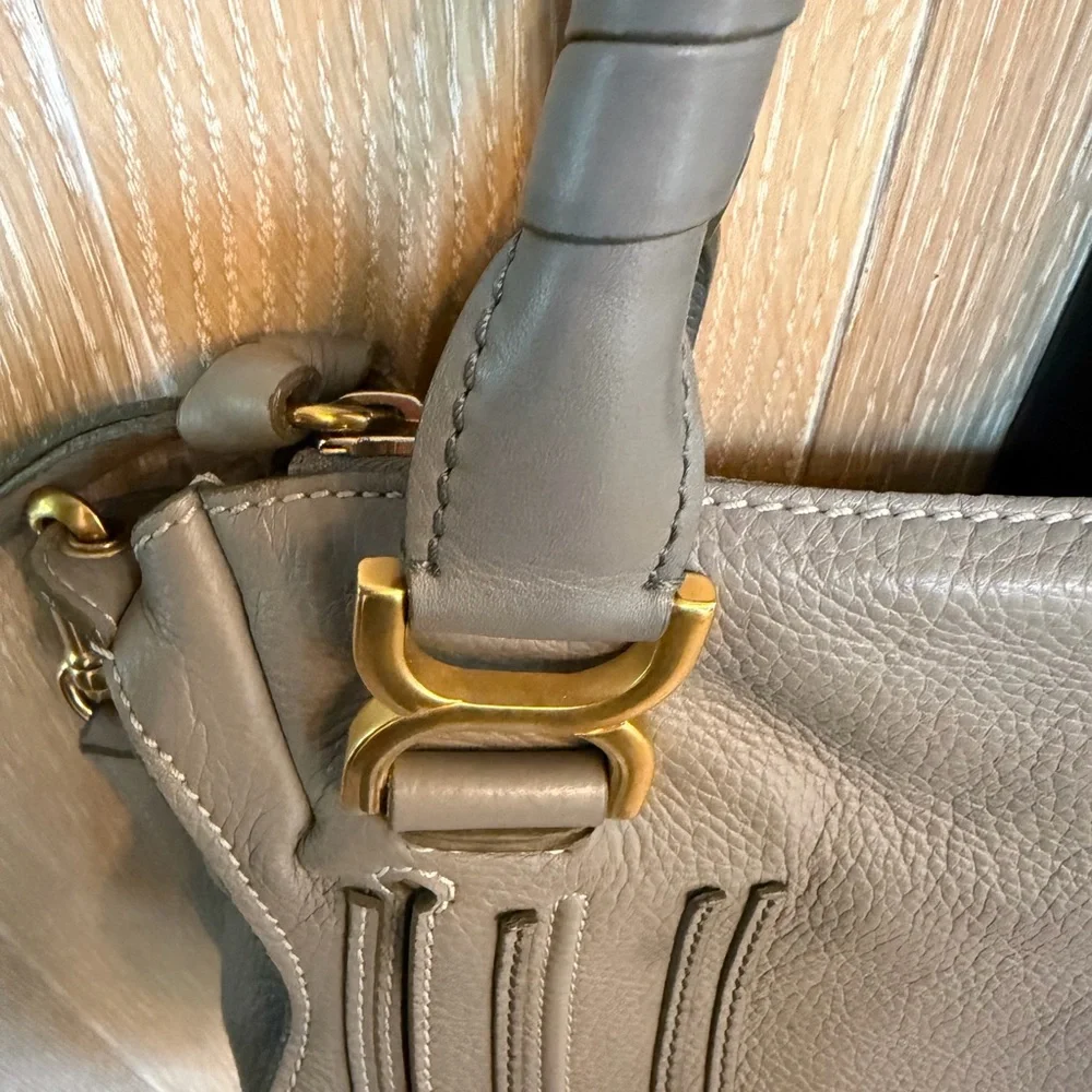 Chloe Grey-Taupe Leather Shoulder Bag with Gold Hardware